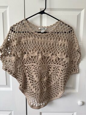 Dressbarn Boho Taupe Crochet Open Knit Sweater Poncho - Women's Size Small